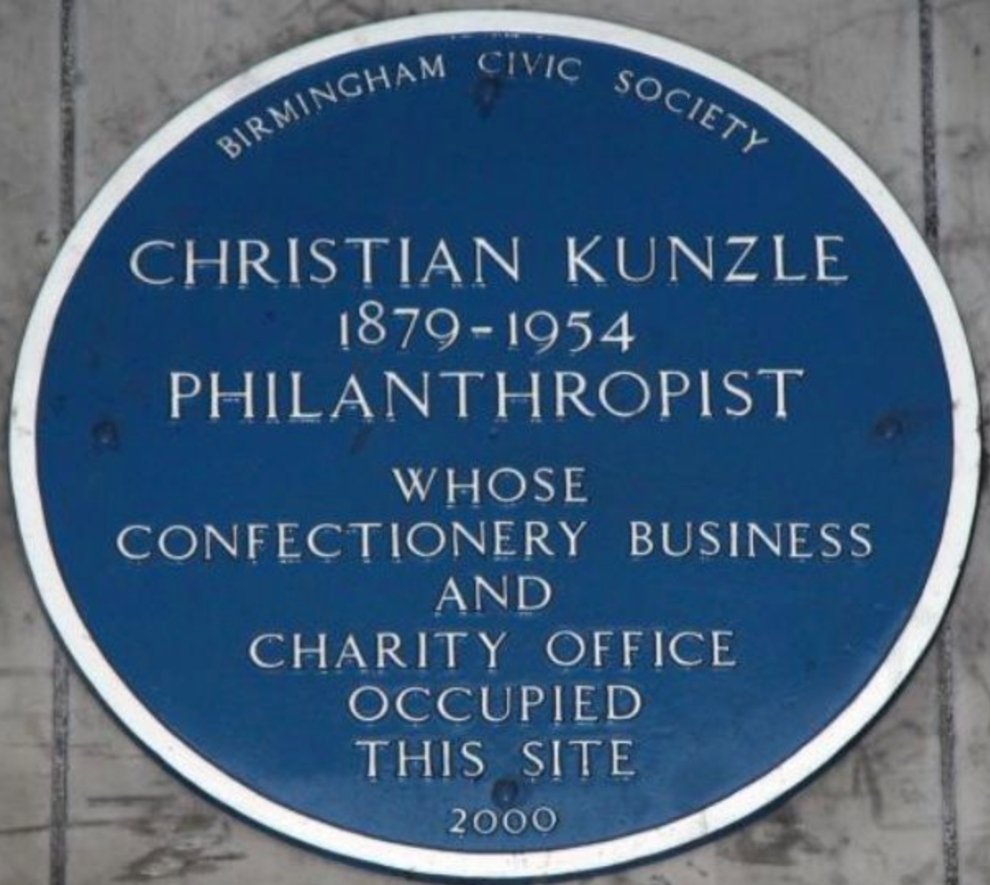 Christian Kunzle Blue Plaque "1879 - 1954 Philanthropist whose Confectionary business and charity office occupied this site"