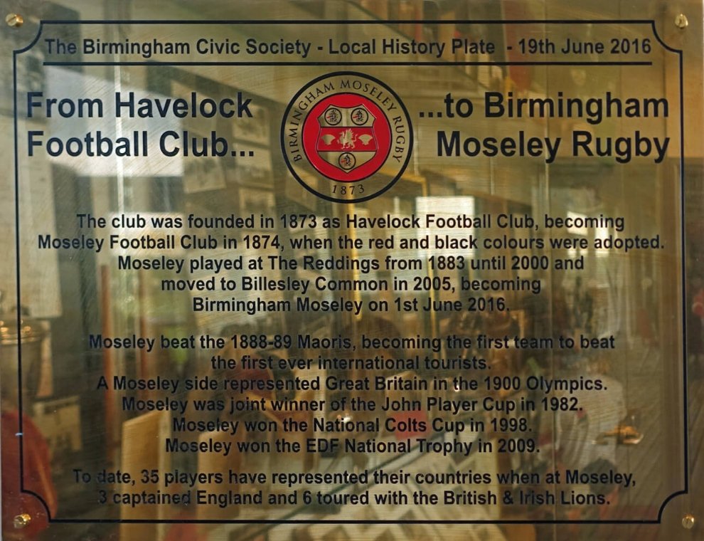 Birmingham Moseley Rugby Club History Plate