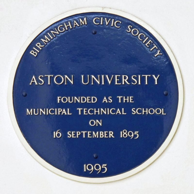 Aston University Blue Plaque "founded as the Municipal Technical School on 16 Sept. 1895"