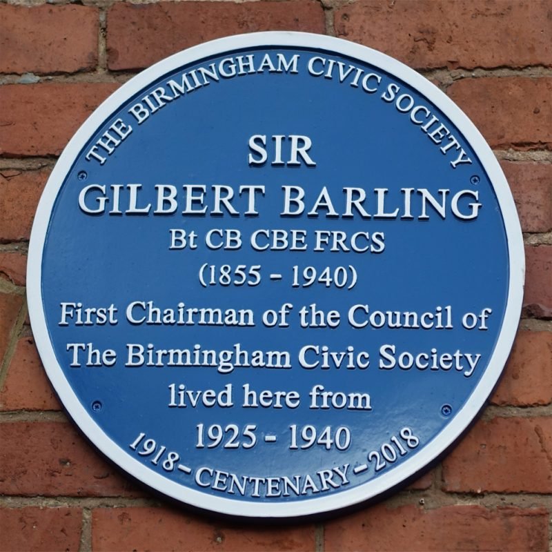 Sir Gilbert Barling Blue Plaque "1855-1940 First Chairman of the Council of The Birmingham Civic Society lived here from 1925-1940"