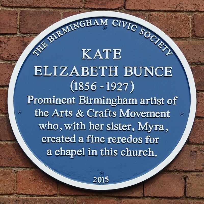 Kate Bunce Blue Plaque "1856-1927 Prominent Birmingham artist of the Arts & Crafts movement, who with her sister Myra created a fine reredos for a chapel in this church"