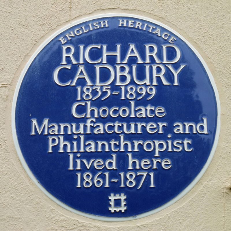 Richard Cadbury Blue Plaque "1835-1899 Chocolate manufacturer and Philanthropist lived here 1861-1871"