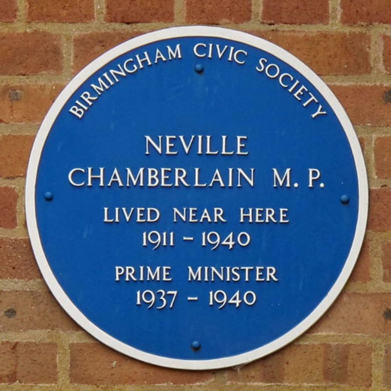 Neville Chamberlain Blue plaque "lived near here 1911 - 1940. Prime Minister 1937 - 1940."
