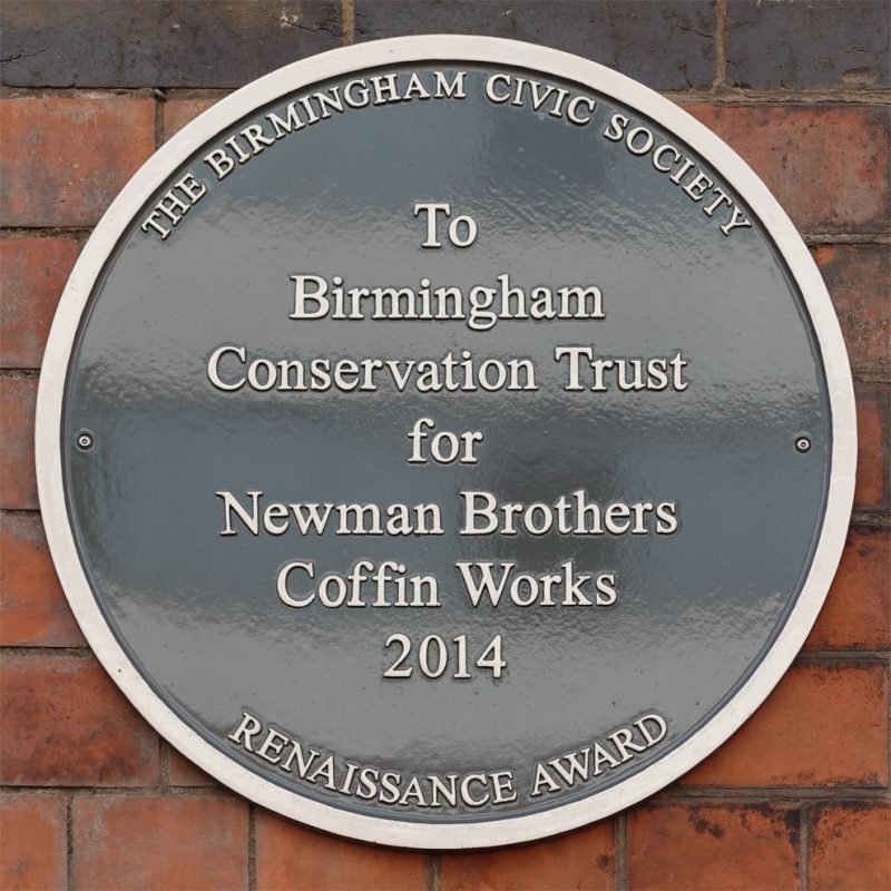 Coffin Works Renaissance Plaque "To Birmingham Conservation Trust for Newman Brothers Coffin Works"
