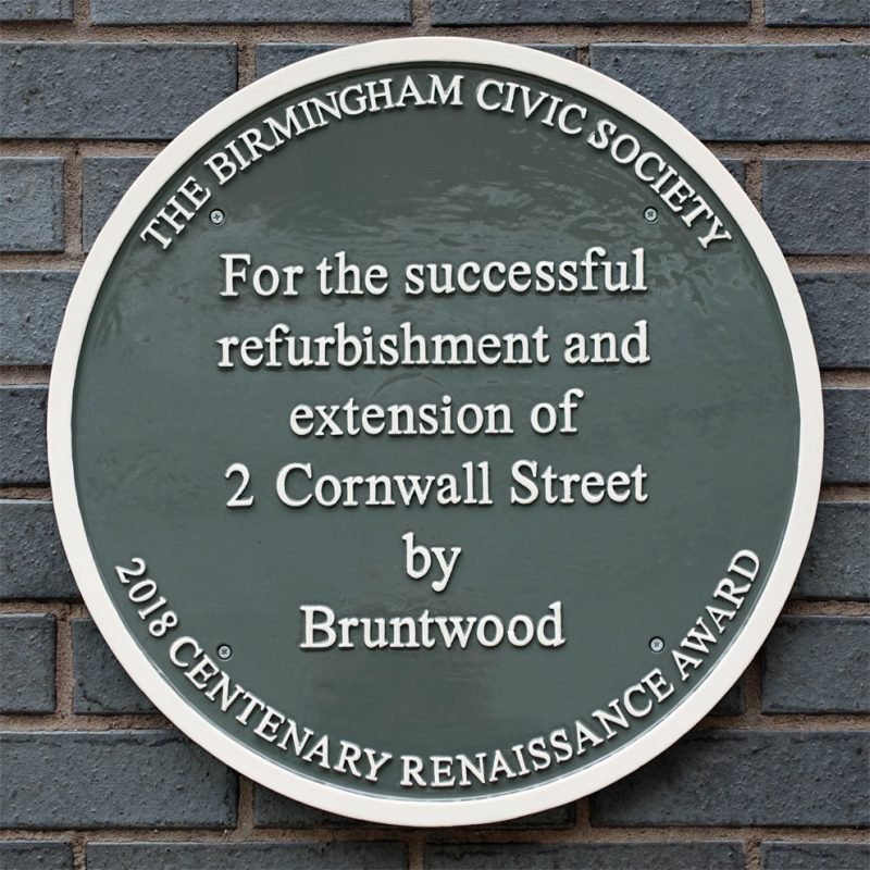 Corner Block Renaissance Plaque "For the successful refurbishment and extension of 2 Cornwall Street by Bruntwood. 2018 Centenary Renaissance Award."