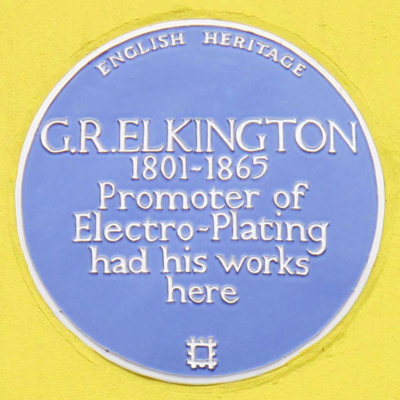 George Elkington Blue Plaque "1801-1865 Promoter of Electro-Plating had his works here"