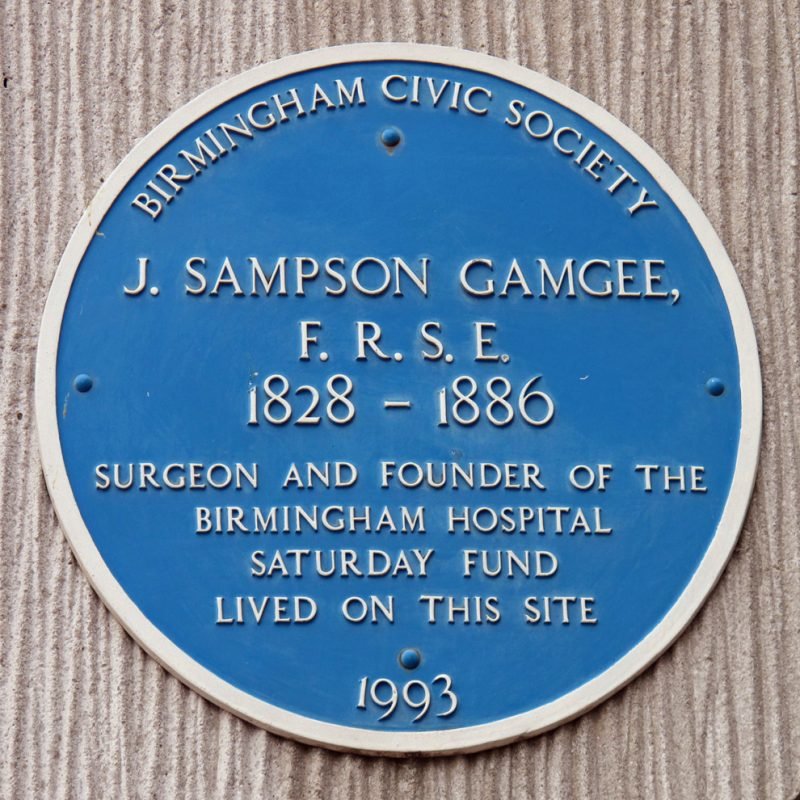 Joseph Sampson Gamgee Blue Plaque "1828 - 1886 Surgeon and Founder of the Hospital Saturday Fund lived on this site"