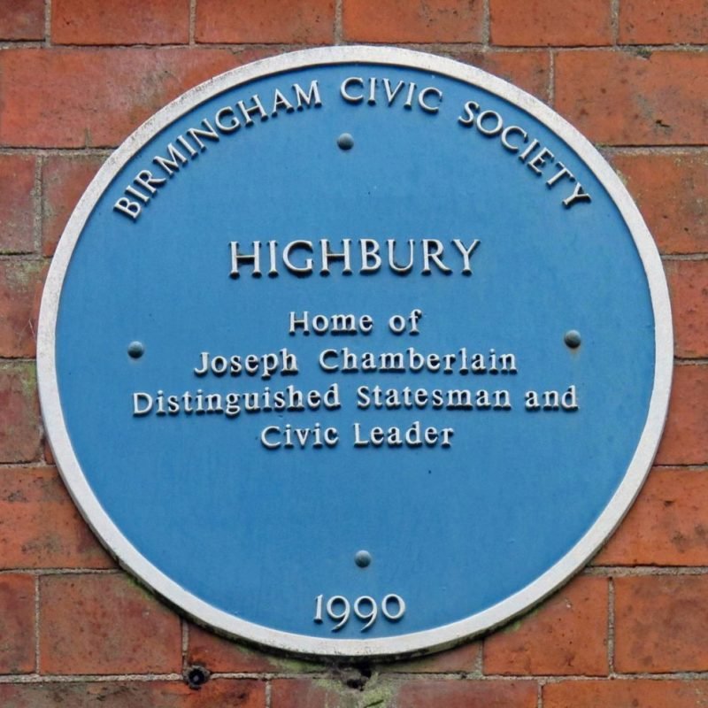 Highbury Hall Blue Plaque "Highbury Home of Joseph Chamberlain. Distinguished Statesman and Civic Leader."
