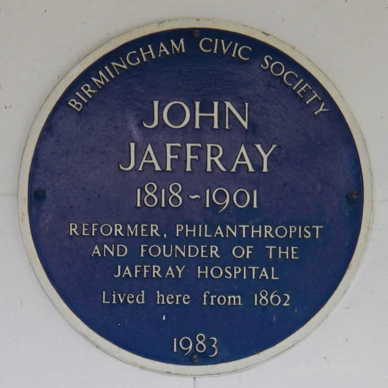 John Jaffray Blue Plaque "1818-1901 Reformer, Philanthopist and founder of the Jaffray Hospital. Lived here from 1862"