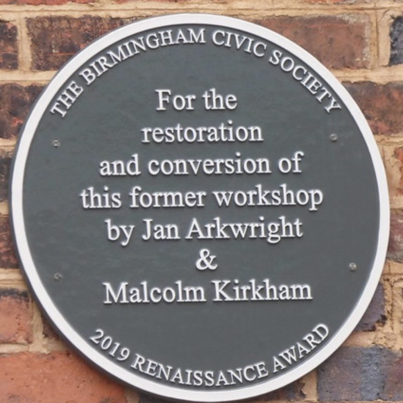 Mary Street Renaissance Plaque "For the restoration and conversion of this former workshop by Jan Arkwright and Malcolm Kirkham"