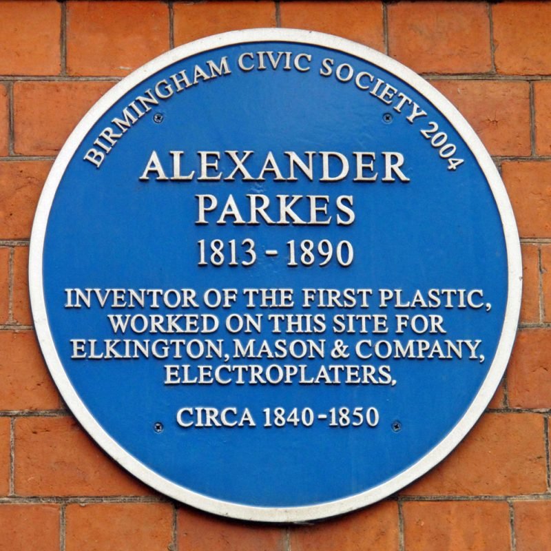 Alexander Parkes Blue Plaque "1813-1890 Inventor of the first plastic, worked on this site for Elkington, Mason and Company Electro-platers. Circa 1840 - 1850"
