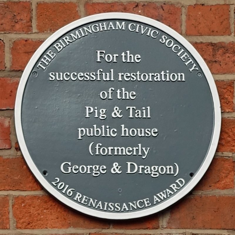 Pig and Tail Renaissance Plaque "For the succesful restoration of the Pig and Tail public house (formerly George and Dragon"