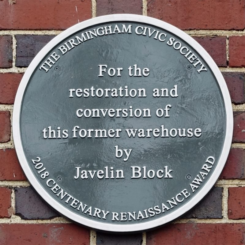 Riflemaker Renaissance Plaque "For the restoration and conversion of this former warehouse by Javelin Block. 2018 Centenary Renaissance Award."